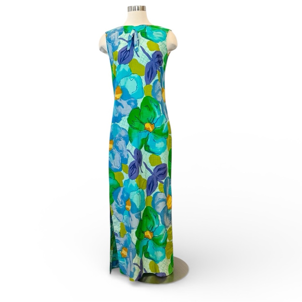 60s Malia for Liberty House Hawaii Vintage Blue Hawaiian Maxi Gown Column Dress